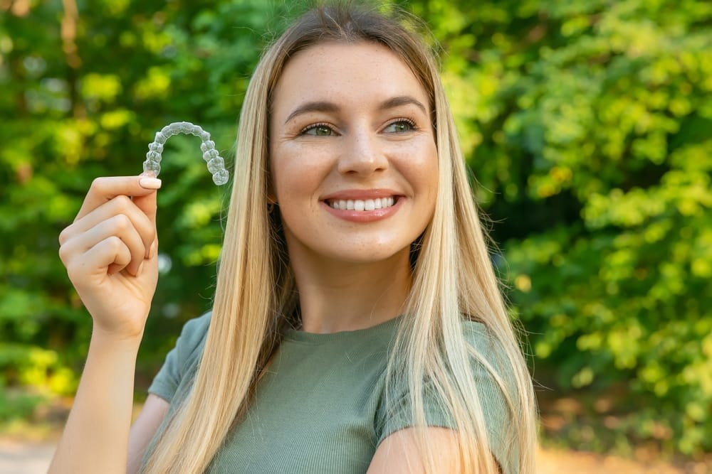Сlose up isolated young beautiful woman smiling with hand holding dental aligner retainer - Invisalign Oro Valley AZ